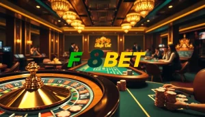 Experience the excitement of F8BET with a vibrant casino scene featuring players engaged at tables and machines.