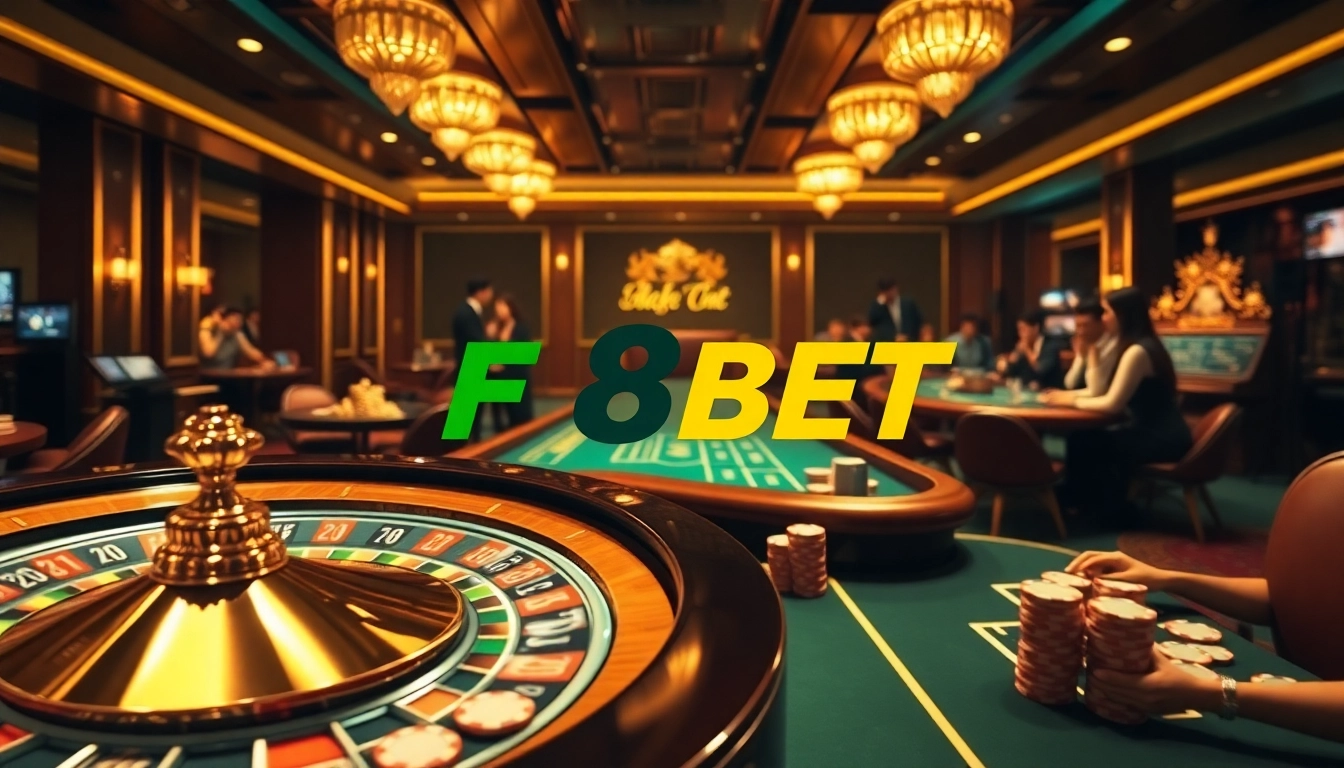 Experience the excitement of F8BET with a vibrant casino scene featuring players engaged at tables and machines.