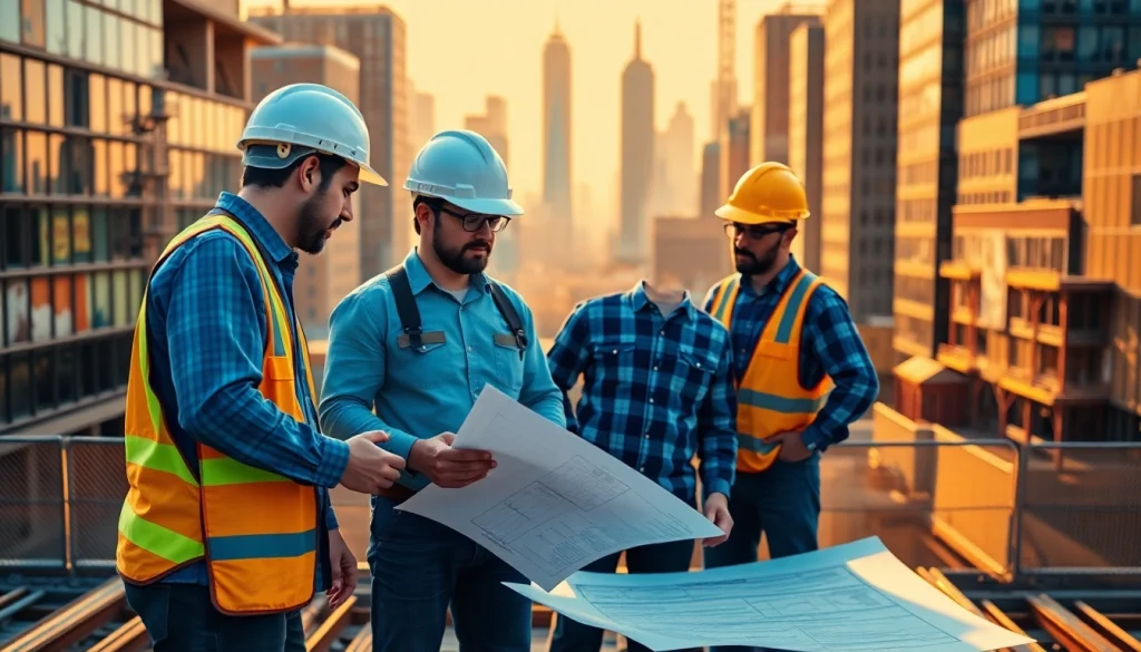 Construction team on site exemplifying New York City General Contractor services with urban skyline.