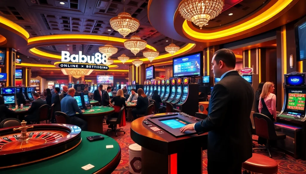 Babu88 gaming scene showcasing roulette, poker tables, and digital betting interfaces in a luxurious casino.