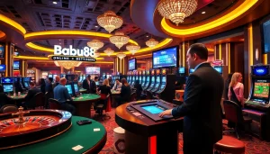 Babu88 gaming scene showcasing roulette, poker tables, and digital betting interfaces in a luxurious casino.