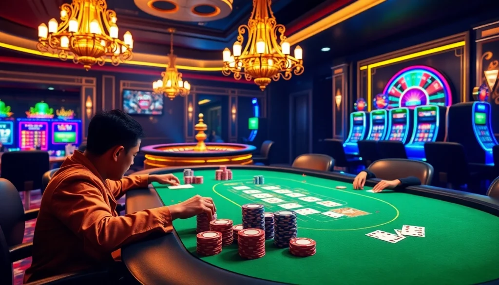 Players engaging at the i9bet poker table with chips and cards in an elegant casino setting.