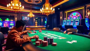 Players engaging at the i9bet poker table with chips and cards in an elegant casino setting.