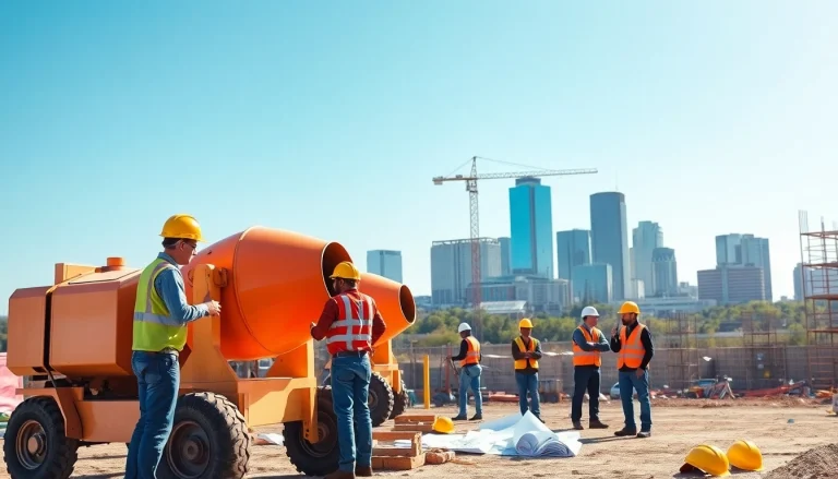 Austin construction workers collaborating on-site with modern machinery and city skyline.