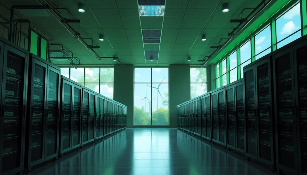 Free crypto mining facility powered by renewable energy sources, showcasing advanced technology and eco-friendly practices.