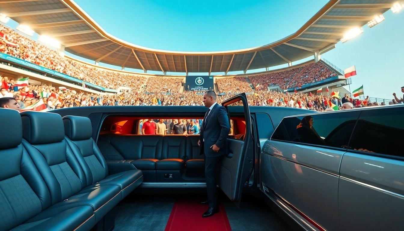 World Cup Group Transportation in a luxury limousine outside a stadium with excited fans.