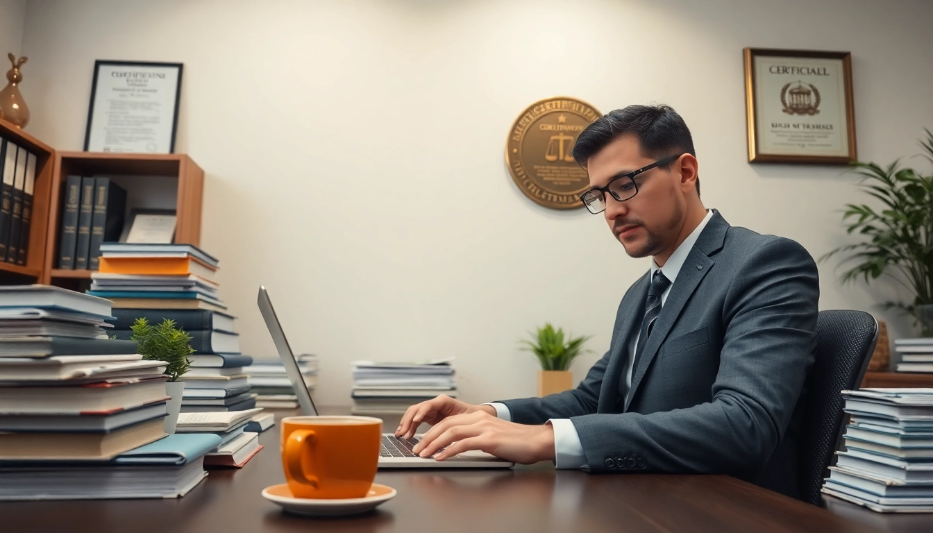 tradutor juramentado working in a professional office, surrounded by translated documents and legal books.