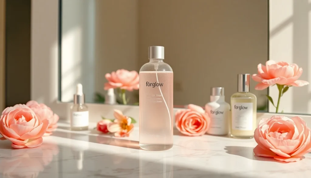 Toner för Glow visas på ett marmorbord med hudvårdsprodukter och blommor, vilket förmedlar lyx och lugn.