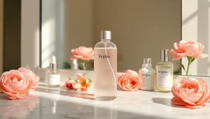 Toner för Glow visas på ett marmorbord med hudvårdsprodukter och blommor, vilket förmedlar lyx och lugn.