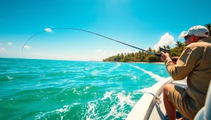 Sparkling saltwater fly fishing action with an angler casting a line in turquoise waters.
