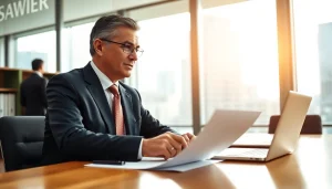 Eminent domain lawyer discussing strategy with a client in an impressive conference room.
