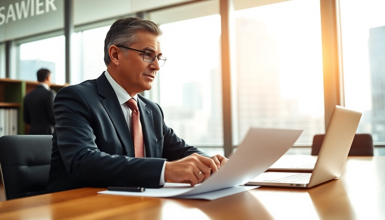 Eminent domain lawyer discussing strategy with a client in an impressive conference room.