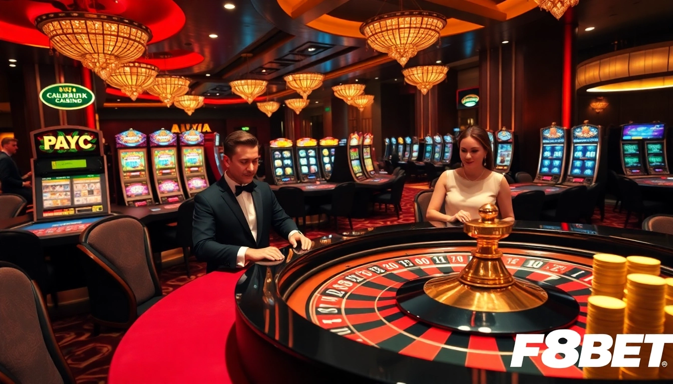 Exciting gameplay at Nhà cái F8BET with players at roulette and vibrant slot machines.