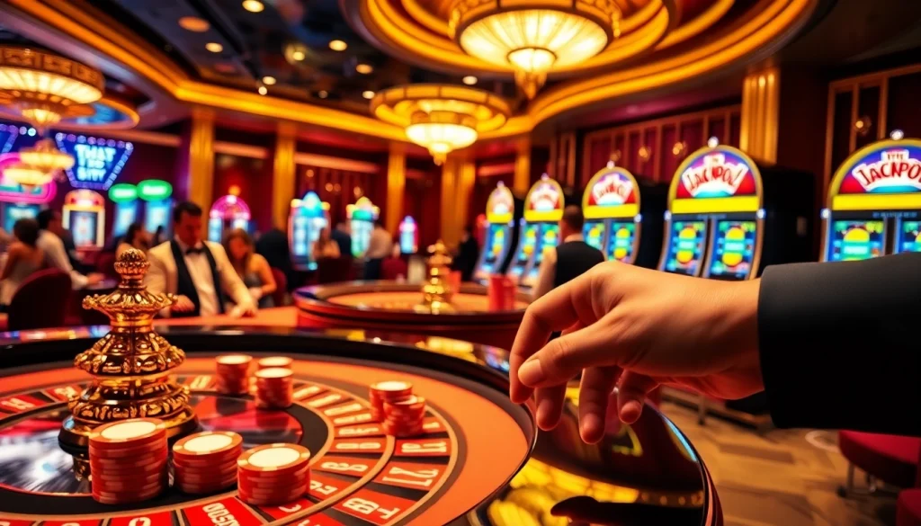 Experience Tha bet excitement with players at a vibrant roulette table in a luxurious casino.