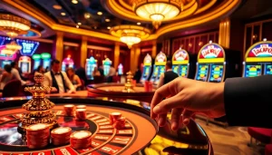 Experience Tha bet excitement with players at a vibrant roulette table in a luxurious casino.