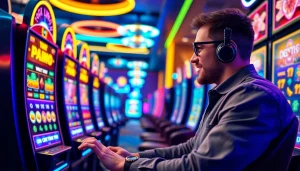 Menggambarkan petani toto bermain slot dengan penuh semangat di kasino online yang cerah.