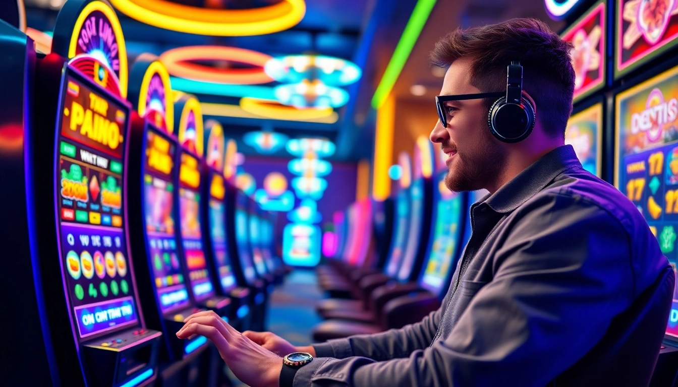 Menggambarkan petani toto bermain slot dengan penuh semangat di kasino online yang cerah.