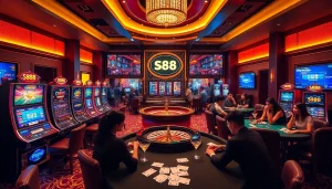 Players enjoy high-stakes gaming in an upscale S88 VIP casino environment, featuring vibrant slots and a roulette wheel.