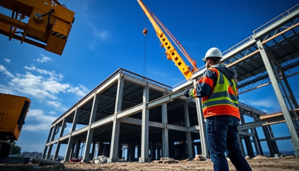 Visual representation of structural steel installation process with workers and machinery.