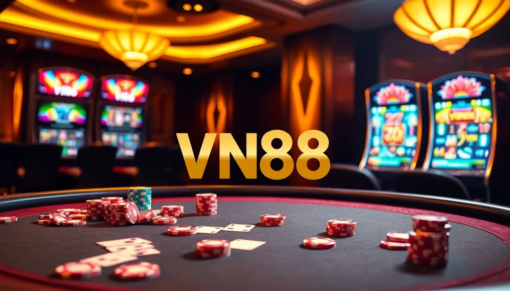 Excitement at VN88 Casino with poker chips and cards on a table.