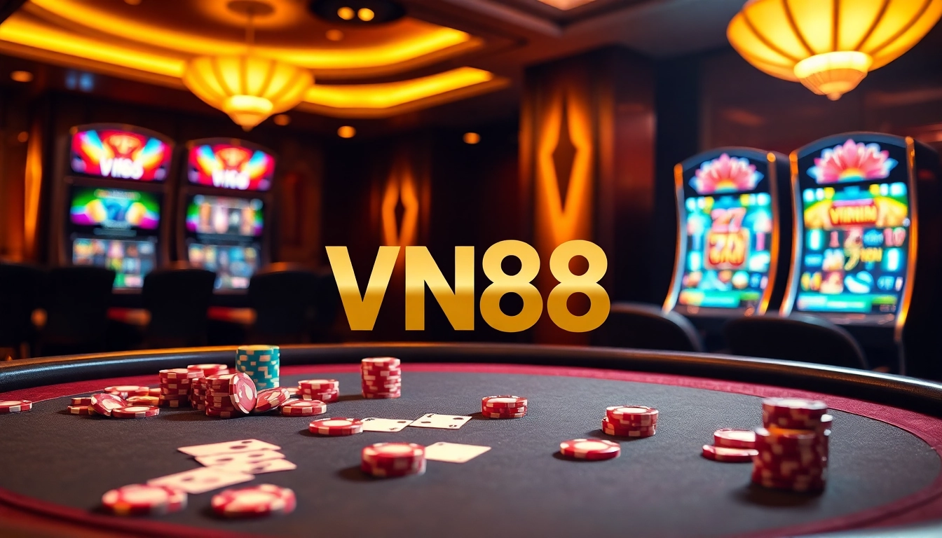 Excitement at VN88 Casino with poker chips and cards on a table.