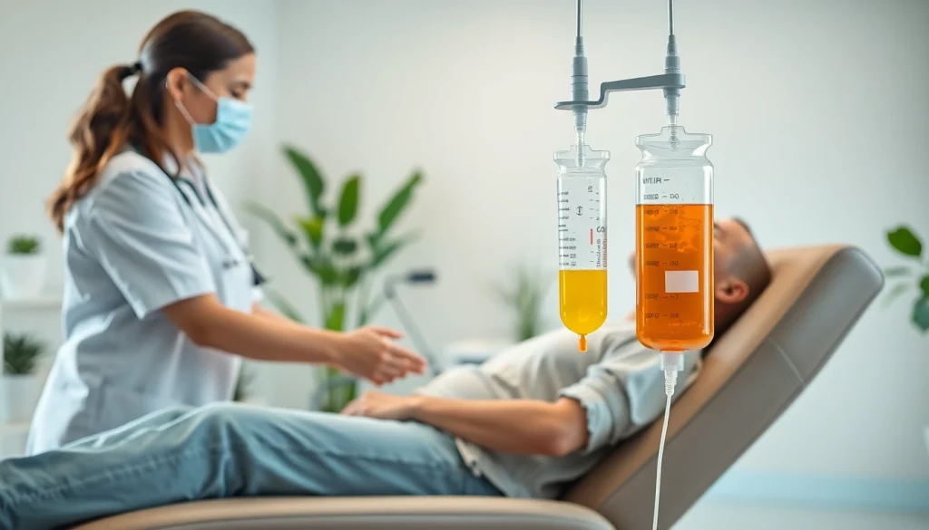 Patient receiving IV Vitamin injections while relaxing in a modern clinic