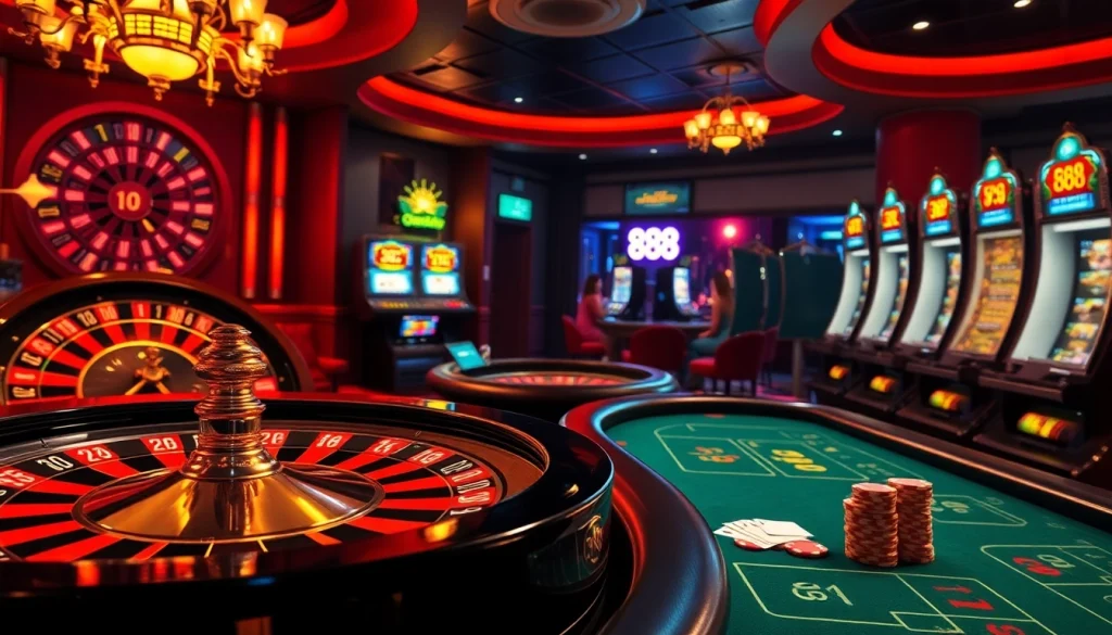Engaging scene of players enjoying 888b online casino games with vibrant roulette and poker tables.