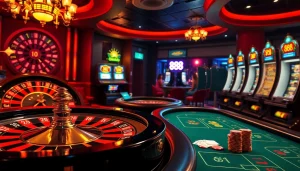 Engaging scene of players enjoying 888b online casino games with vibrant roulette and poker tables.