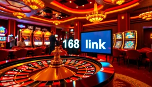 Experience the excitement of F168 link in a vibrant casino setting with poker chips and roulette.