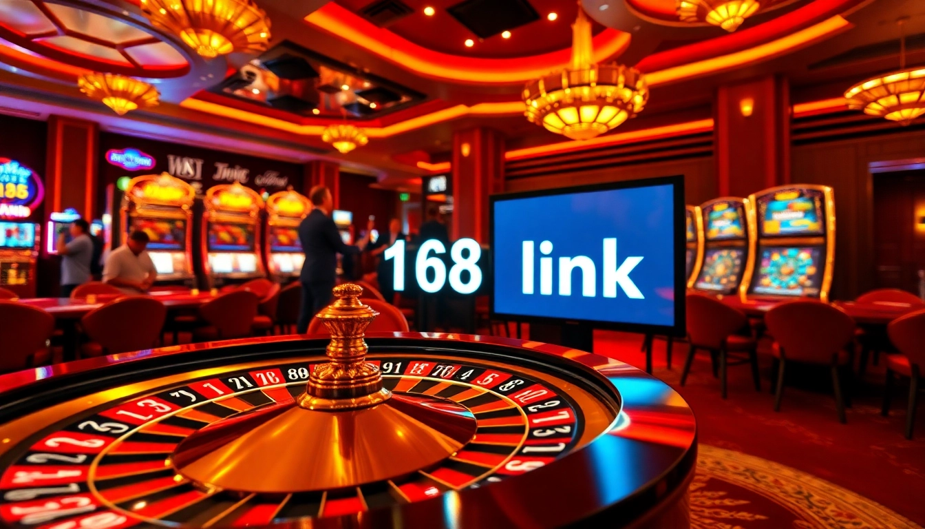 Experience the excitement of F168 link in a vibrant casino setting with poker chips and roulette.