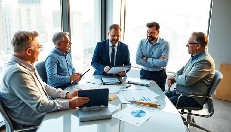 Ilustracja serwisowa biura rachunkowego dla firmy budowlanej, przedstawiająca księgowych wspierających właścicieli firm z branży budowlanej.