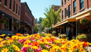 Experience Clarksburg's vibrant local market filled with flowers and historic buildings.