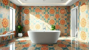 Les motifs des carreaux Zellige subliment magnifiquement une salle de bains moderne, avec une baignoire autoportante et des plantes.