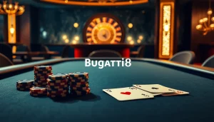 Engaging in high-stakes poker at Bugatti8's luxurious casino, featuring vibrant roulette and elegant chips.