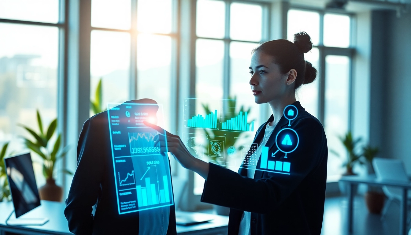 Engaging human interface with AI system in a modern workspace showcasing technology interaction.