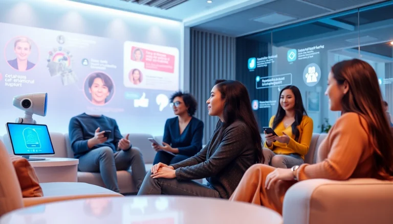 Engaging scene depicting diverse individuals interacting with sex AI chatbots in a modern lounge.