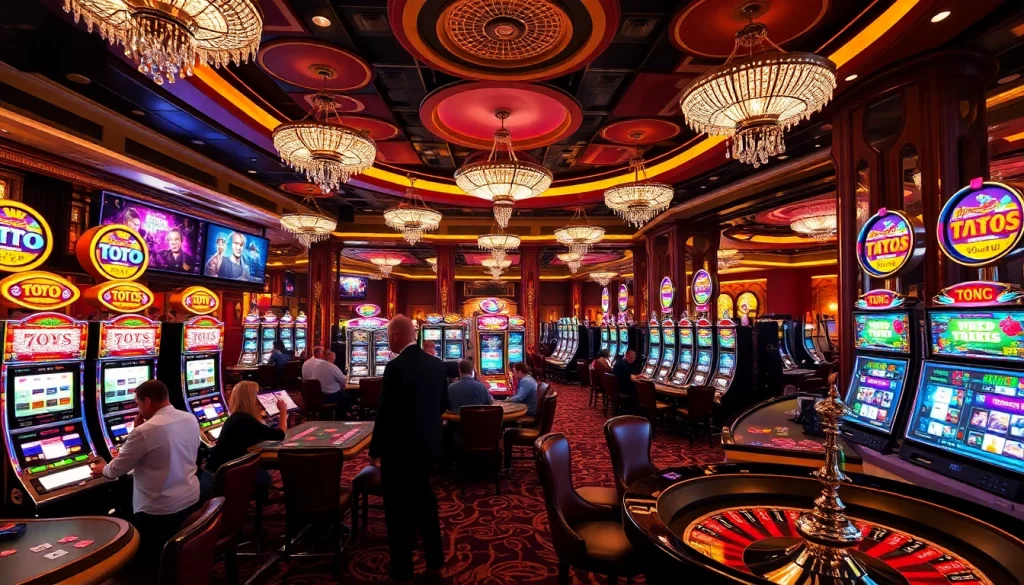 Adegan mendebarkan para pemain yang berinteraksi dengan mesin Toto Slot di kasino mewah.