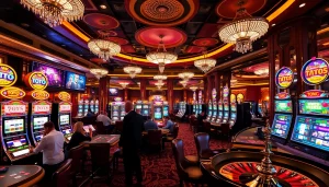 Adegan mendebarkan para pemain yang berinteraksi dengan mesin Toto Slot di kasino mewah.