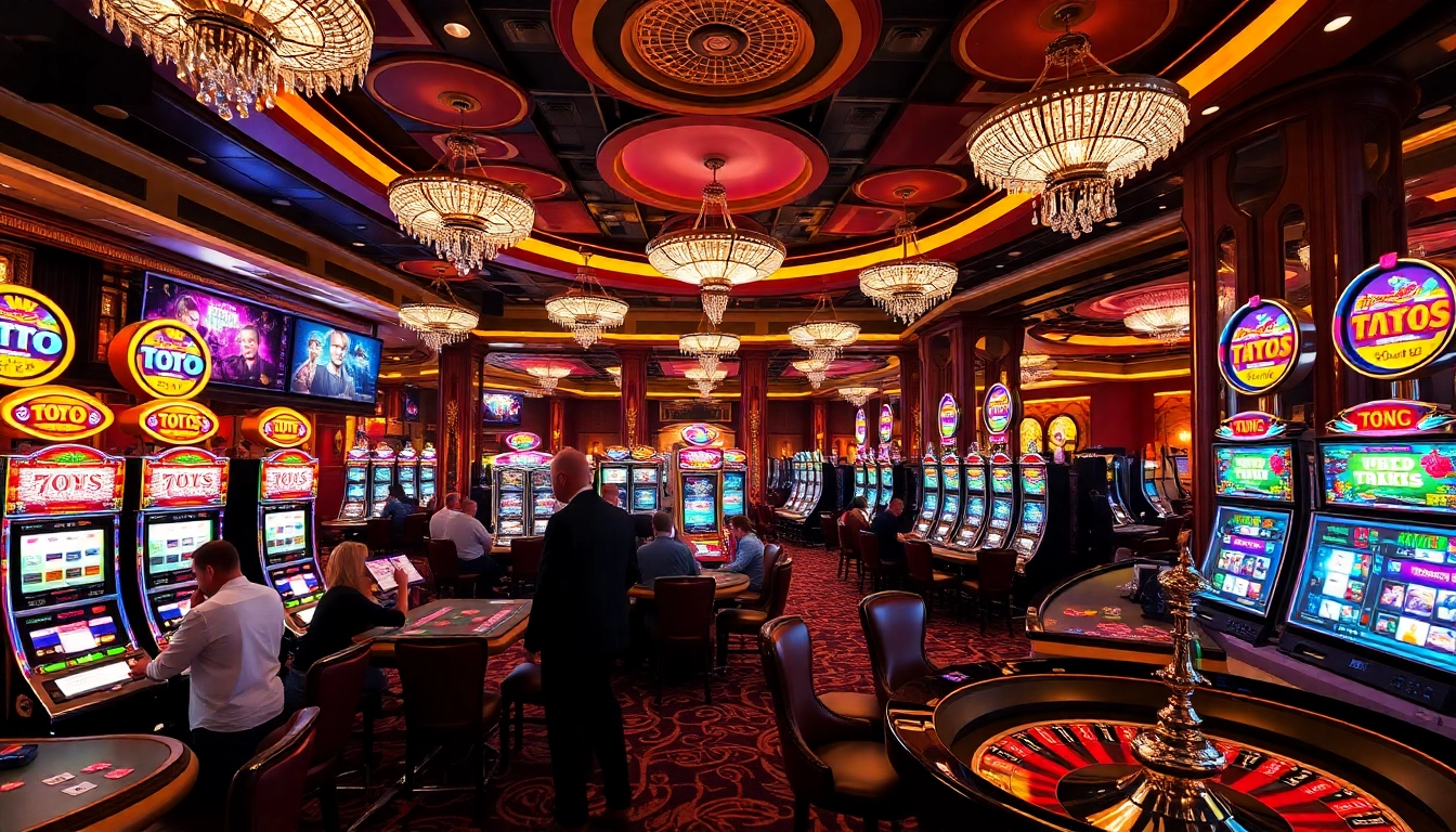 Adegan mendebarkan para pemain yang berinteraksi dengan mesin Toto Slot di kasino mewah.