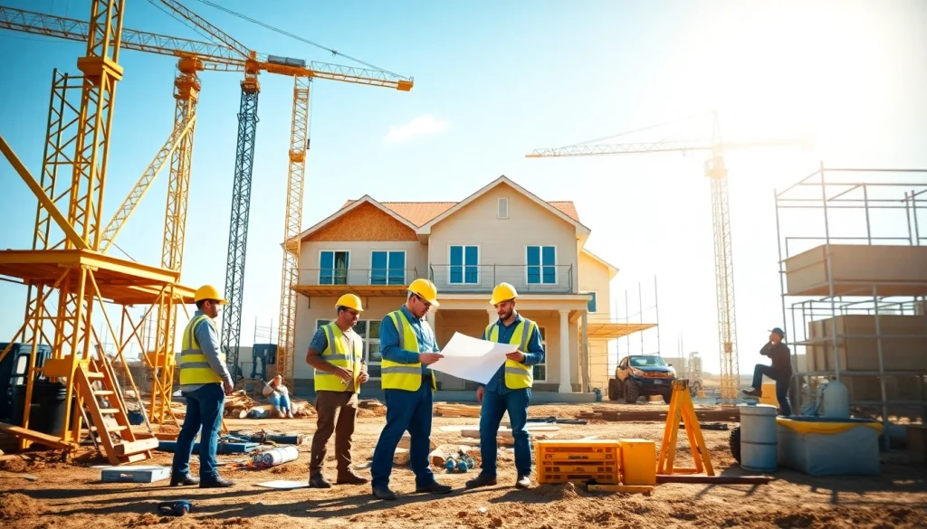 Texas association of builders professionals collaborating on a construction project at a bright site.