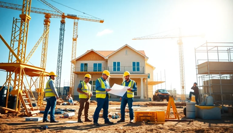 Texas association of builders professionals collaborating on a construction project at a bright site.