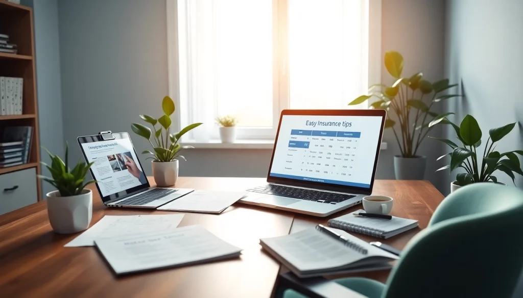 Easy insurance tips highlighted in a modern home office with documents and a laptop.