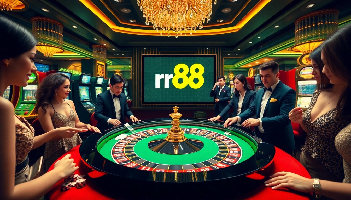 Gamblers enjoying a thrilling game at rr88's luxurious casino table with vibrant decor.