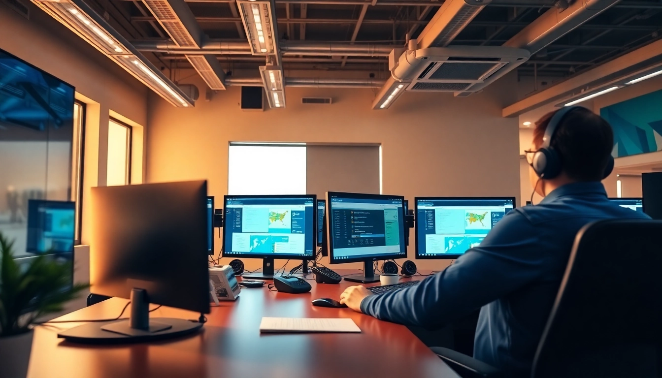 Professional team of the Trucking Dispatch Company coordinating shipments in a modern office setting.