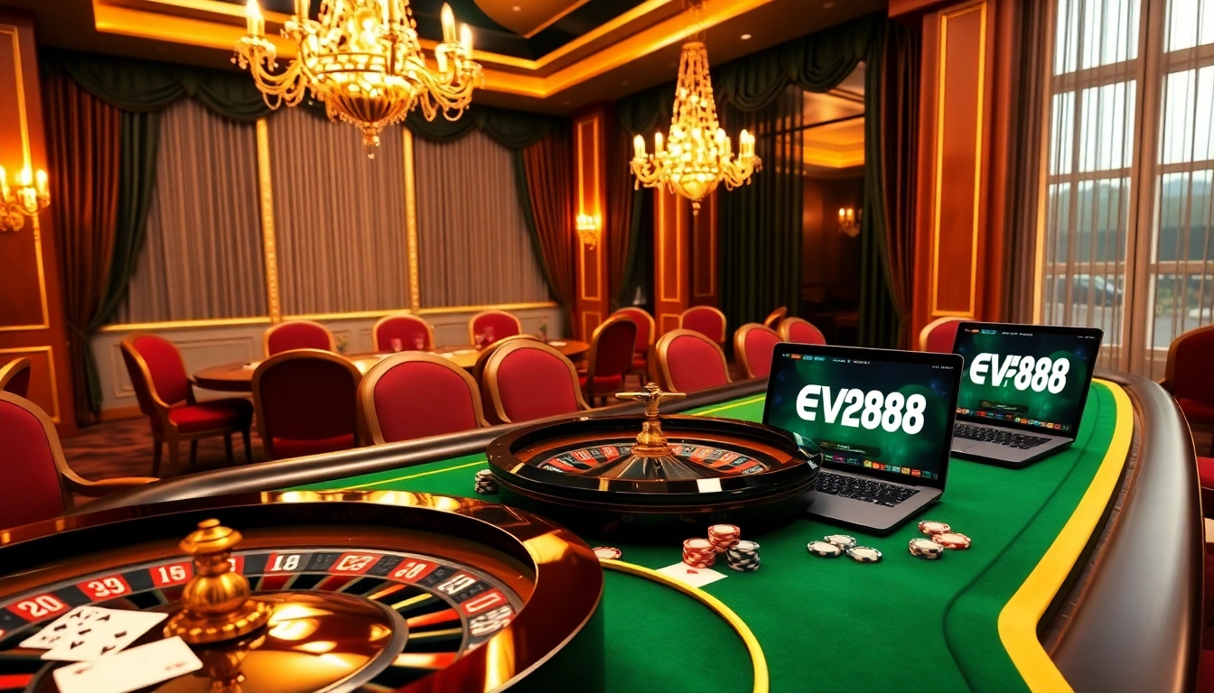 Experience the thrill of EV88 đăng nhập with a luxurious casino atmosphere featuring poker chips and roulette wheels.