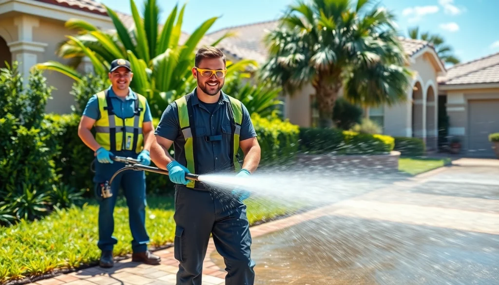 Professional pressure wash team revitalizing a driveway in Kissimmee, showcasing expert cleaning services.