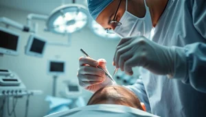 Engaging scene of a hair transplant uk procedure highlighting expert technique in a clinical setting.