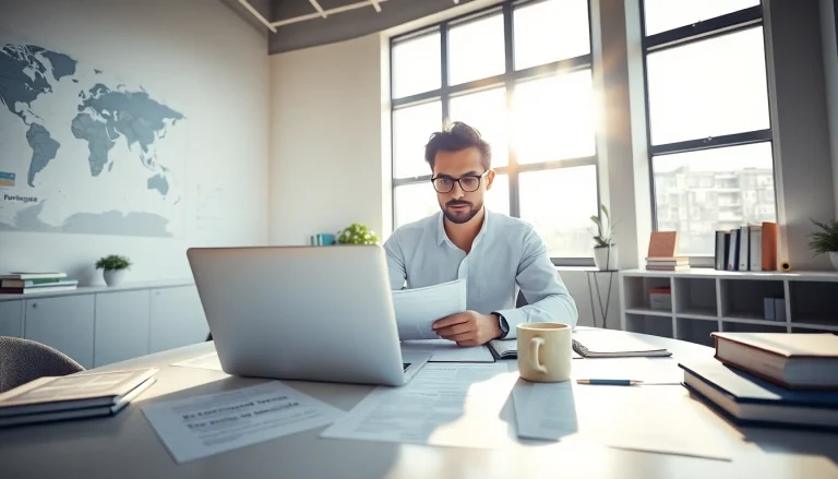 Traducteur assermenté portugais travaillant dans un bureau lumineux et professionnel.