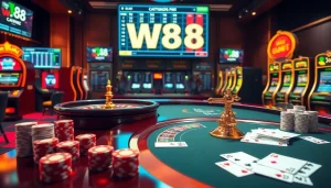 Experience thrilling gameplay at W88 casino with vibrant slot machines and a luxurious roulette wheel.