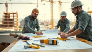 Team of professionals from the southern california contractors association reviewing blueprints and plans.